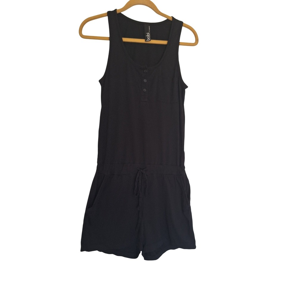 Bobi Los Angeles Black Knit Henley Romper Sleeveless Drawstring Waist Size Mm